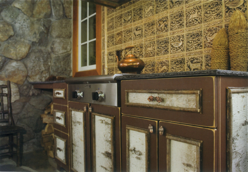 rustic cabinet, rustic grill, birch bark cabinet